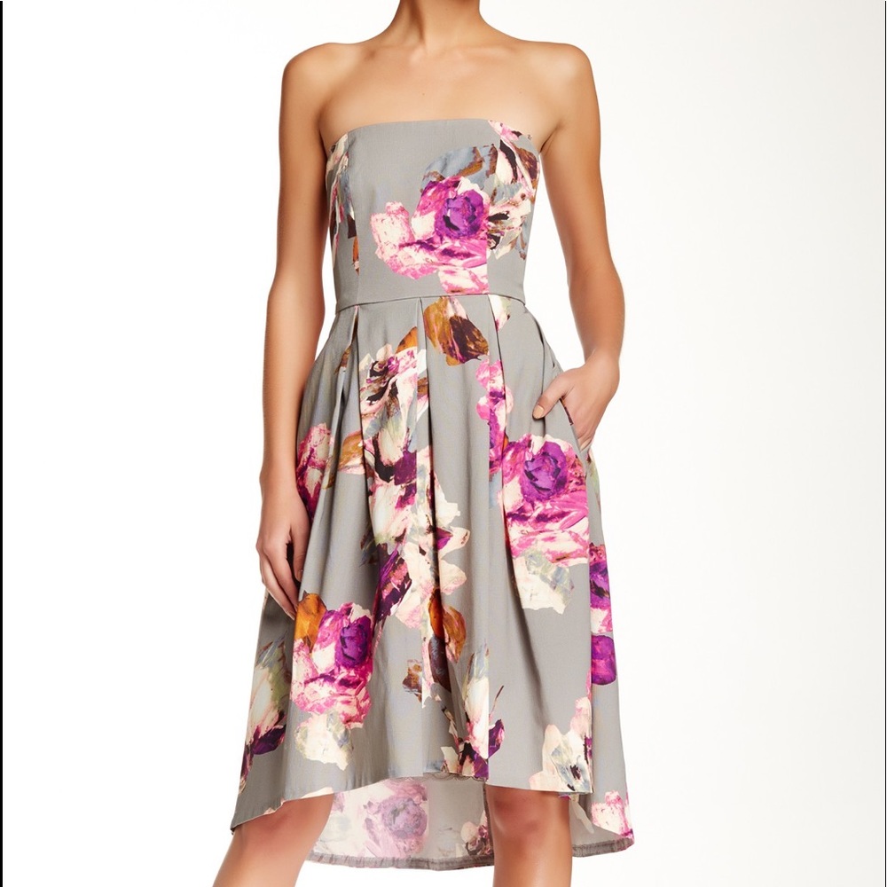 TRINA TURK Grey Floral Strapless Midi Dress